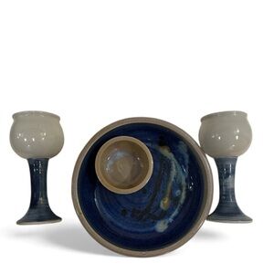 Set/2 Art Pottery Chalices + Chip/Dip Bowl Signed Pottery VIBRANT Cobalt Blue!